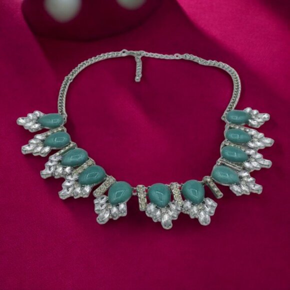 Vintage Turquoise Look & Rhinestone Statement Necklace - Picture 6 of 6